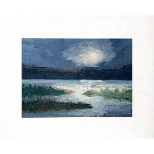 8x10 Original Oil Painting Marsh Landscape Moonlit Clouds Lowcountry Art Signed